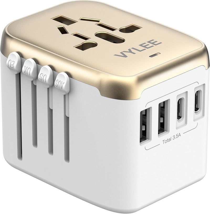 VYLEE Universal International Power Travel Plug Adapter, 5 in 1 European Travel Plug Adapter W/ 3.5A 2xUSB-A and 2xUSB C Wall Charger and Worldwide AC Outlet for Europe USA UK AUS Asia (White Gold) - Image 1